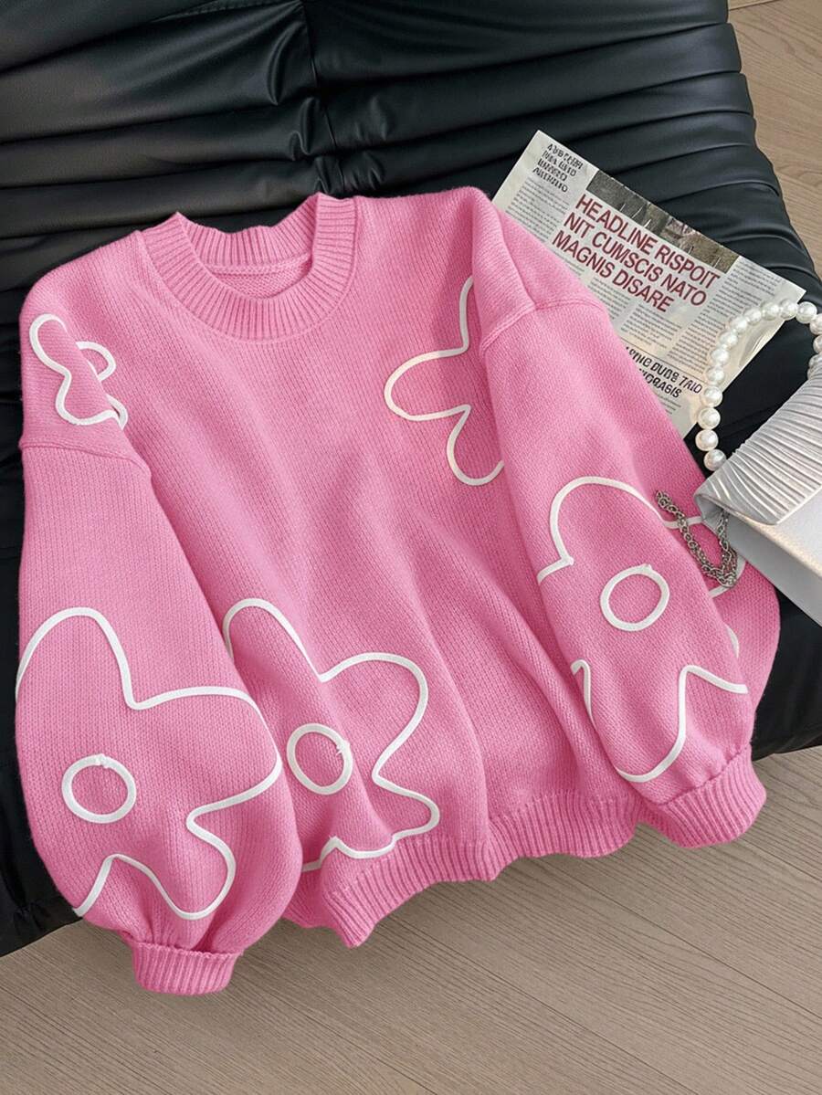 CosyJoli Sweater Pullover Motif Bunga Ukuran Besar untuk Wanita, Desain Musim Gugur/Dingin Terbaru - Berwarna merah muda - View 1