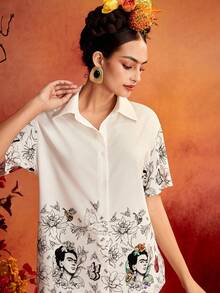 Glamance Frida Kahlo X SHEIN Women's Floral Print Casual Versatile Everyday Outing Blouse - White - View 4