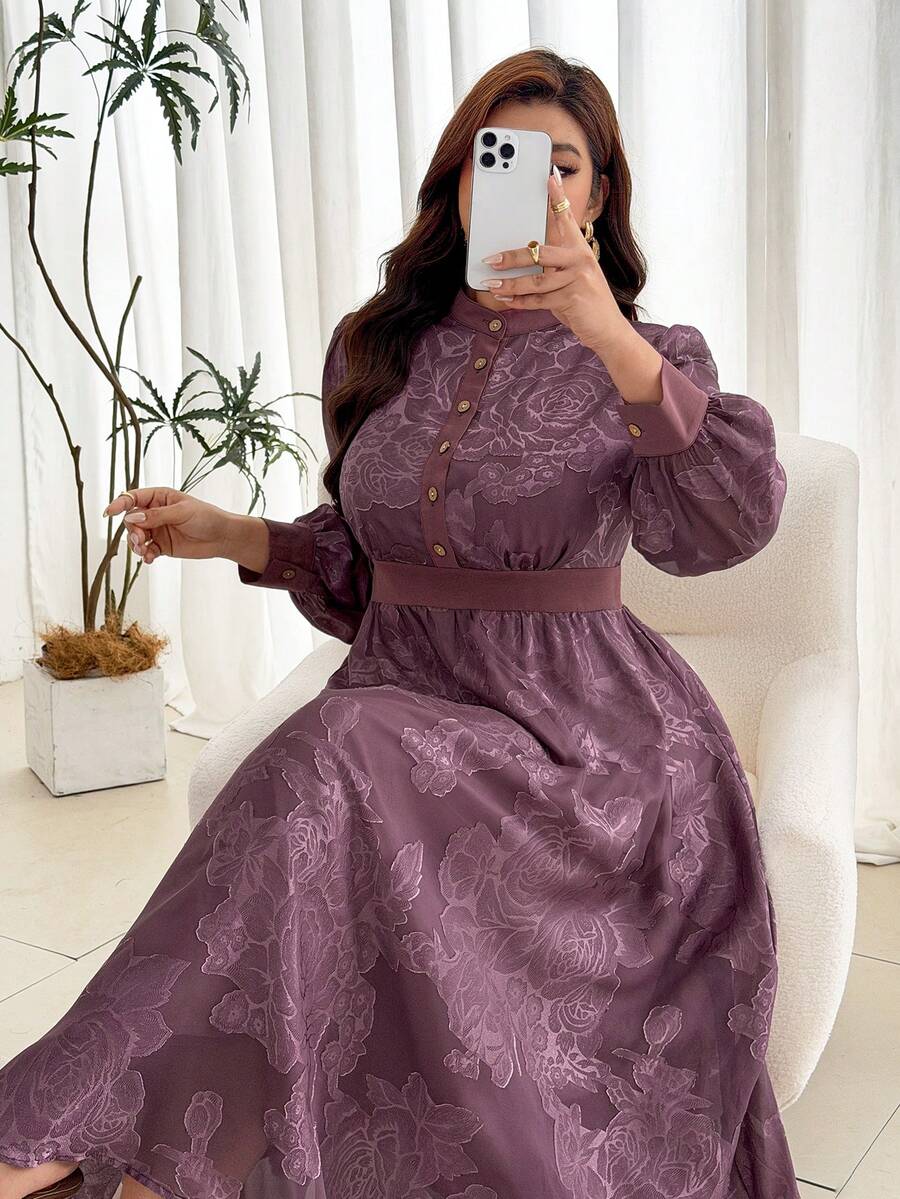 Modelyn Plus Size Elegant Commuter Floral Cut Dress - Purple - View 1