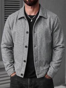 Manfinity CasualCool 男士春秋翻領粗花呢修身成熟休閒商務直筒口袋羊毛大衣 - 灰色 - 查看 7