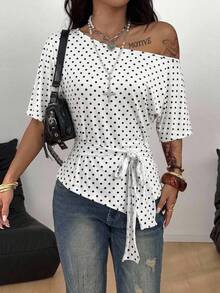 Coolane 女款波點印花不對稱肩短袖側結休閒T恤 - 白色 - 查看 5