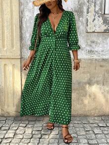 Breezaya Gaun Maxi Kasual Ukuran Besar dengan Kancing Depan Motif Bunga & Polkadot untuk Musim Gugur - Hijau - View 4