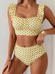 Swim Basics 2件組女款夏季海灘優雅簡約度假風黑白波點荷葉邊肩帶前褶上衣與高腰抓皺三角泳褲套裝 - 淡黃色 - 查看 4