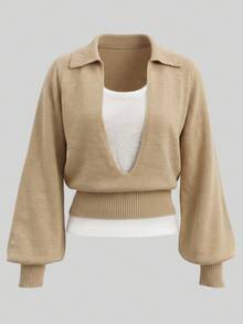 GlowEve Women's Deep V-Neck Lapel 2 In 1 Patchwork Lantern Long Sleeve Ribbed Cuffed Hem Sweater Brunch Office Camel White Autumn Casual - Multicolor - View 5