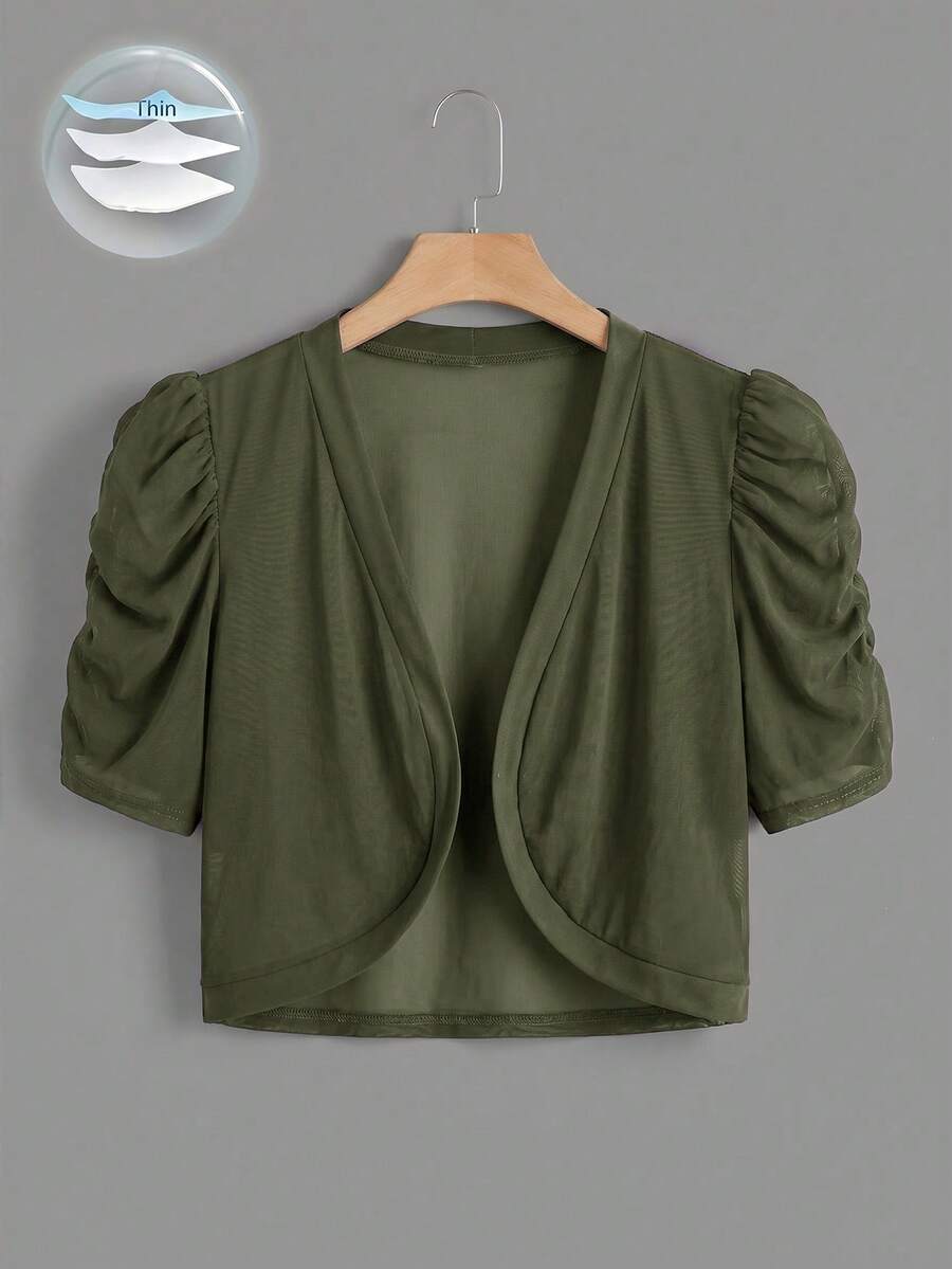 SHEIN Clasi 大尺碼花瓣袖前開襟短版夾克 - 軍綠色 - 查看 1