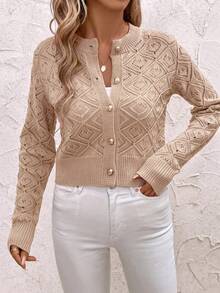 SHEIN Clasi Solid Color Hollow Knit Plus Size Cardigan - Khaki - View 6
