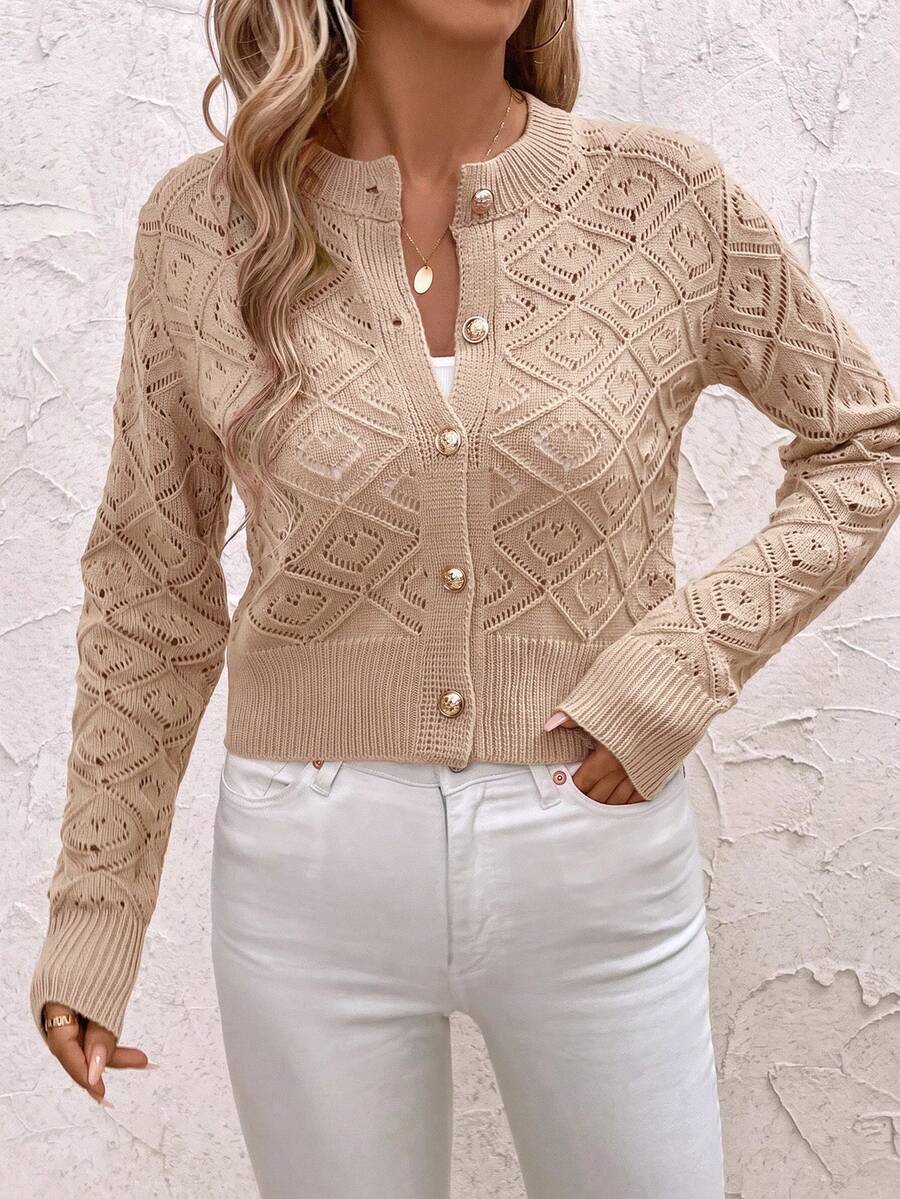 SHEIN Clasi Solid Color Hollow Knit Plus Size Cardigan Fall - Khaki - View 1