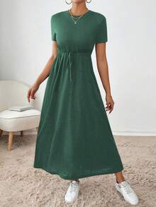 SHEIN Essnce 女士休闲纯色抽绳腰夏季连衣裙 - 墨綠色 - 查看 5