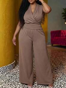 Veslaya 2026 Spring/Summer Women's Plus Size New Bold Classy Feminine Style Tummy Control Fit Breathable Elegant Casual Romantic Chocolate Brown 2 Pieces Set - Khaki - View 2