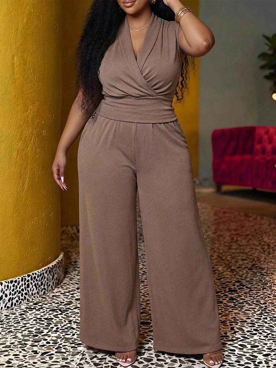 Veslaya 2026 Spring/Summer Women's Plus Size New Bold Classy Feminine Style Tummy Control Fit Breathable Elegant Casual Romantic Chocolate Brown 2 Pieces Set