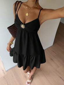 Siren Gaze Women's Summer Casual Metal Decor Spaghetti Strap Short Dress - Black - View 1