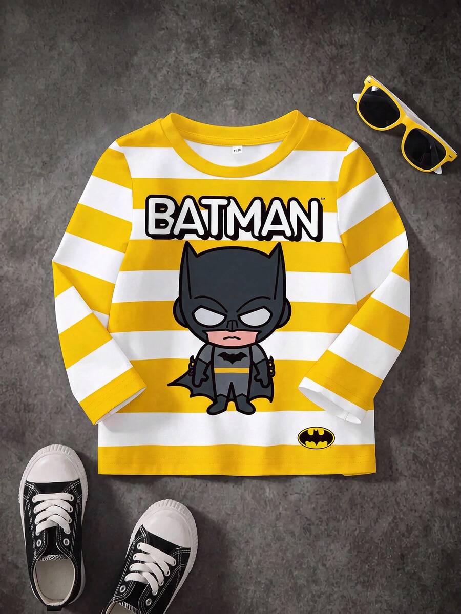 BATMAN X SHEIN Baby Boy Long Sleeve Two Tone Striped Cartoon And Letter Graphic Tee - White - View 1