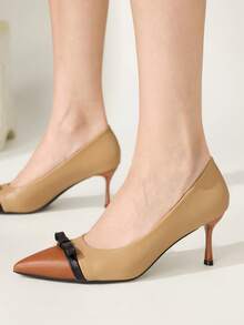 CUCCOO CHICEST Women's New Camel Brown Colorblock Pointed Toe Bow Low Cut Stiletto High Heels PU Leather Fashion Elegant Wedding Party Fall Shoes - camel brown - View 5