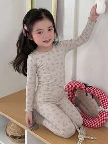 DAZY Ditsy Floral Fitted Long Sleeve Top And Long Pants 2 Pieces Set, Young Girls Ditsy Floral Round Neck Loungewear Fall - Beige - View 4
