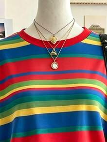 1pc Teen Girls Y2K Millennium Style Retro Colorful Contrast Stripe Pattern Short Sleeve Round Neck T-Shirt, Suitable For Campus, Daily Outings, Parties, Casual Summer Top Outfit - Multicolor - View 4