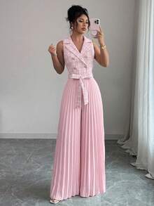 Elenzga 女款春秋休閒舒適浪漫優雅宴會粉色亮面粗花呢翻領雙排扣設計百褶連身褲 - 粉色 - 查看 5