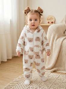 Newborn Baby Girl Cute Autumn/Winter Leopard Print Color Block Fuzzy Hooded Romper - White - View 2