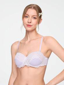 Bonmuse Push-Up Balconette Underwired Molded 1/2 Cup Strapless Floral Lace Women's Bra, Pink & White, Suitable For Vacation & Party - Mauve Purple - View 7