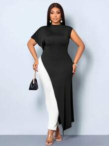 SOLERSUN Plus Size Women's Spring And Summer Solid Color Small Stand Up Collar Slit Long T-Shirt - Black - View 2