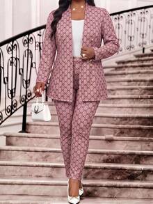 Fleurora Plus Size Women's Bow Pattern Long Sleeve Jacket And Pants Elegant Suit Set Teachers' Day Formal Dinner Brunch Office Fuchsia Pink Summer - Pink - View 1