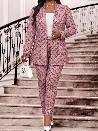 Fleurora Plus Size Women's Bow Pattern Long Sleeve Jacket And Pants Elegant Suit Set