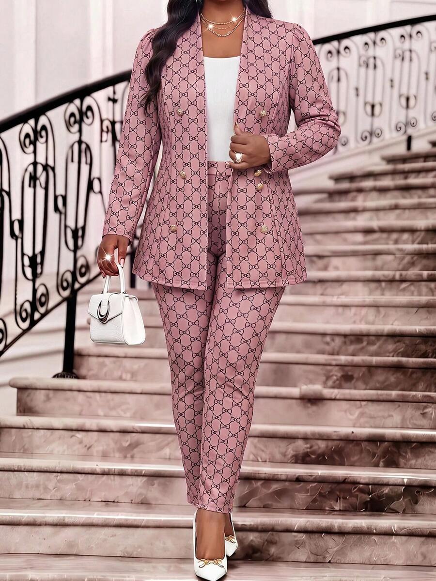 Fleurora Plus Size Women's Bow Pattern Long Sleeve Jacket And Pants Elegant Suit Set Teachers' Day Formal Dinner Brunch Office Fuchsia Pink Summer - Pink - View 1