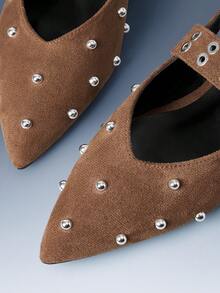 CUCCOO GRLICON Khaki Brown Suede Pointed Toe Rivet Rear Trip Strap Flat Shoes Women's Soft Sole Comfortable Commuting Versatile Low Vamp Shoes Fall Shoes - Khaki - View 5