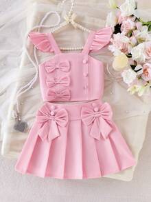 Elladie kids 少女粉色碎花边无袖露脐背心搭配褶皱蝴蝶结半裙套装，甜美优雅的夏季女童装 - 粉色 - 查看 6