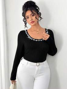 Elenzga Plus Size Women's Autumn/Winter Fuzzy Ribbed Black Slim Fit Waist-Flattering Long Sleeve Top, Elegant Neckline With Pearl Decoration, Suitable For Autumn/Winter Layering T-Shirt, Women's Casual Top, Women's Commute , Women's Fashion - Black - View 3