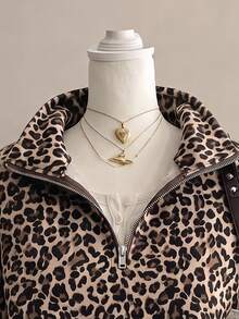 SHEIN EZwear 女款經典豹紋半拉鍊運動衫，棕色調，秋季休閒街頭風，適合多種場合，Y2K復古風，返校季秋冬上衣 - 彩色 - 查看 3