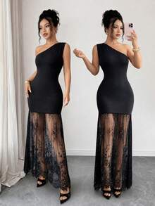 SHEIN Raffinéa Gaun Maxi Bodycon Pas Badan Seksi dengan Bahu Asimetris dan Patchwork Renda - Hitam - View 3