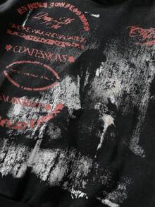 ROMWE MEN 男士深色復古書法肖像藝術連帽衫 - 黑色 - 查看 2