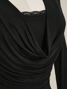 SHEIN ICON Y2k Women's Halloween Black Long Sleeve Draped Lace Patchwork Pleated Fitted Versatile Casual T-Shirt - Black - View 5