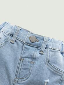 SHEIN Playful Pals Baby Boys' Light Washed Blue Distressed Stretch Denim , PocketedLightweightBreathableRelaxedEasy-CareSoftBoldChicGirlsSchoolStreetwear Pants - Light Wash - View 5