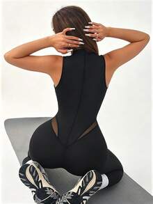 Gameset SHEIN Sport Damen einfarbiger Mesh-Patchwork Reißverschluss-Vorder Ärmelloser Sportanzug - Schwarz - Übersicht 2