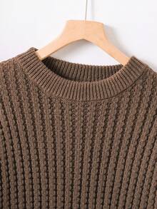 SHEIN Teen Boys' Crew Neck Textured Knit Sweater,Minimalist Solid Color Brown Pullover Top For Autumn - Brown - View 3