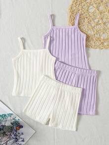 SHEIN 女童小女孩春夏細肩帶背心上衣與短褲套裝 2 件式內衣套裝 純色/多色 全季節適用 - 彩色 - 查看 4