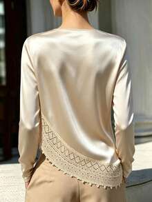 RosyDaze Women's Elegant Commute Lace Patchwork Cowl Neck Blouse - Champagne - View 2