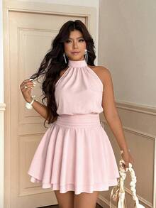 Vionelle Gaun Halter Tanpa Lengan Berlipit Pinggang Berkerut Elegan untuk Wanita Ukuran Plus Warna Pink - Baby Pink - View 5