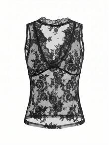SHEIN Franclia 女士时尚优雅性感日常无袖V领蕾丝半透明吊带背心，度假性感吊带背心 - 黑色 - 查看 2