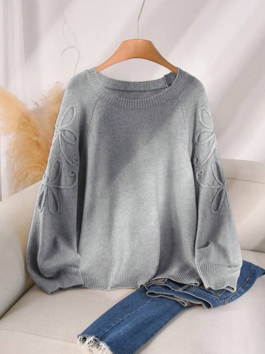 CosyJoli Sweater Pullover Kasual Longgar Lengan Panjang Bertekstur Bunga untuk Wanita Ukuran Plus, Musim Gugur/Dingin - Grey - View 1