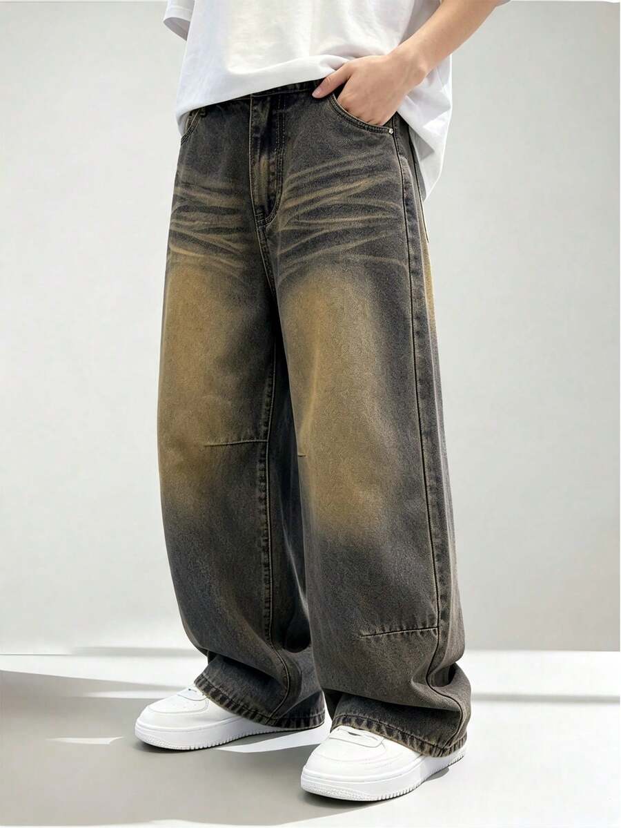 Genkimix Kids Denimly 男童休閒日常都市街頭風彈性腰頭拉鍊門襟破洞直筒牛仔長褲 - 中等水洗藍 - 查看 1