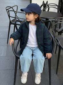 Hapijoa Young Girls Loose Basic Fluffy Thick Padded Coat With Stand Collar And Plaid Pattern, Long Sleeve, Autumn/Winter - Blue - View 9