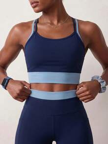 Zivah Women's Colorblock Patchwork Halter Top And Shorts Sports Set - Navy Blue - View 12