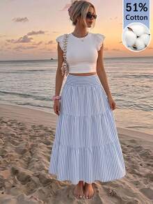 SHEIN MOD 女款休閒條紋鬆緊腰流暢層次中長裙，百搭夏季款 - 藍白色 - 查看 7