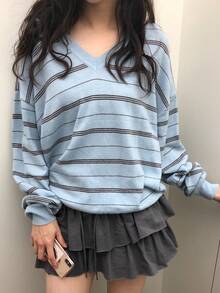 DAZY Sweater Rajut Wanita Lengan Panjang Longgar Berkerah V Motif Garis-Garis Blok Warna, Kasual untuk Liburan Musim Semi/Gugur - Biru - View 3