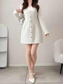 FRIFUL Women's Early Autumn New Korean Style Cinched Waist Short Dress With Metal Button Decor Long Sleeve Cute Tops - Beige - View 3