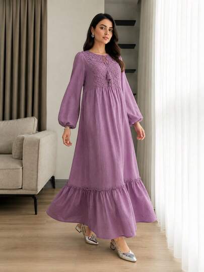 Solavon Women's Elegant, Versatile, And Casual Long-Sleeve Dress In Grey-Purple; Features A Round Neck And Water-Soluble Lace Paneling-Perfect For Vacation We