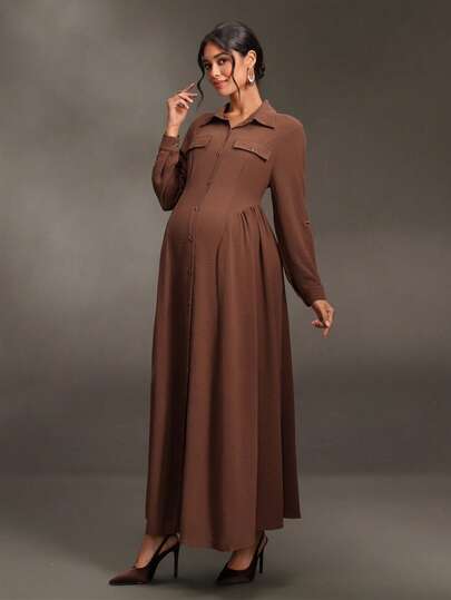 Cheriluna Maternity Maternity Single-Breasted Pleated Texture Dress Elegant Coffee Color