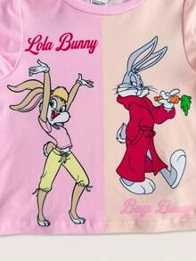 LOONEY TUNES X SHEIN Baby Girl Cartoon Print Colorblock Round Neck Short Sleeve T-Shirt And Casual Fitted Shorts Set - Pink - View 5